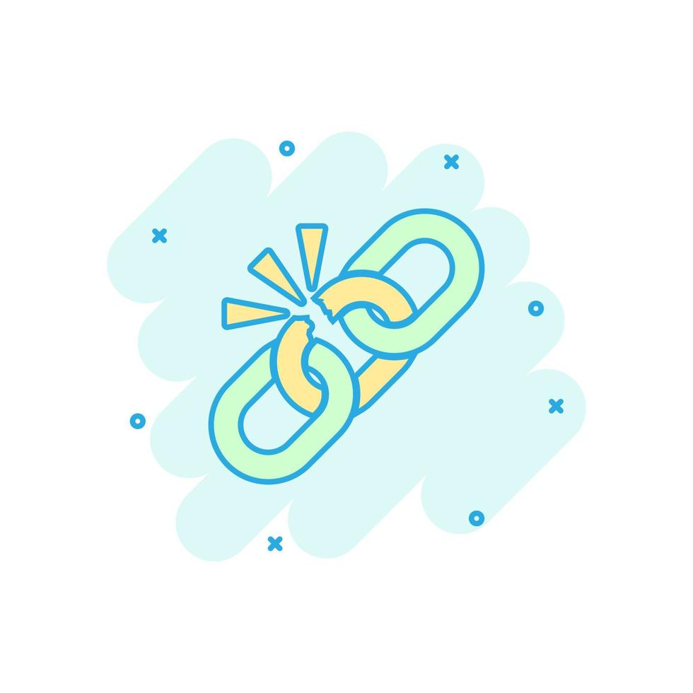 Broken chain sign icon in comic style. Disconnect link vector cartoon illustration on white isolated background. Detach business concept splash effect.