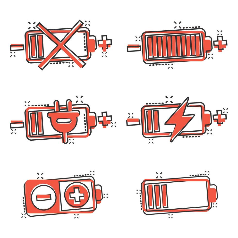 Battery charge icon set in comic style. Power level cartoon vector illustration on white isolated background. Lithium accumulator splash effect business concept.