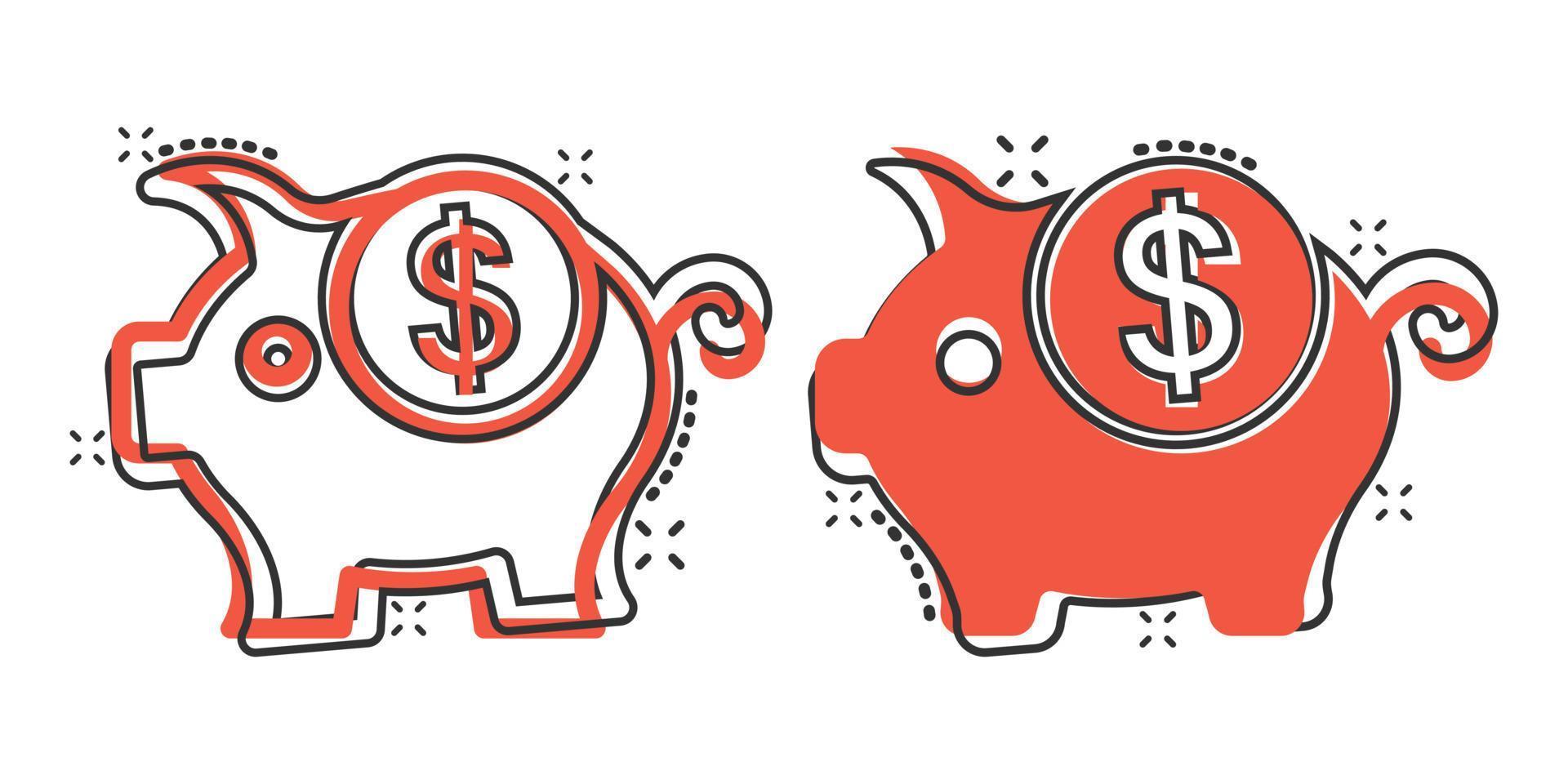 Money box icon in comic style. Pig container cartoon vector illustration on white isolated background. Piggy bank splash effect business concept.