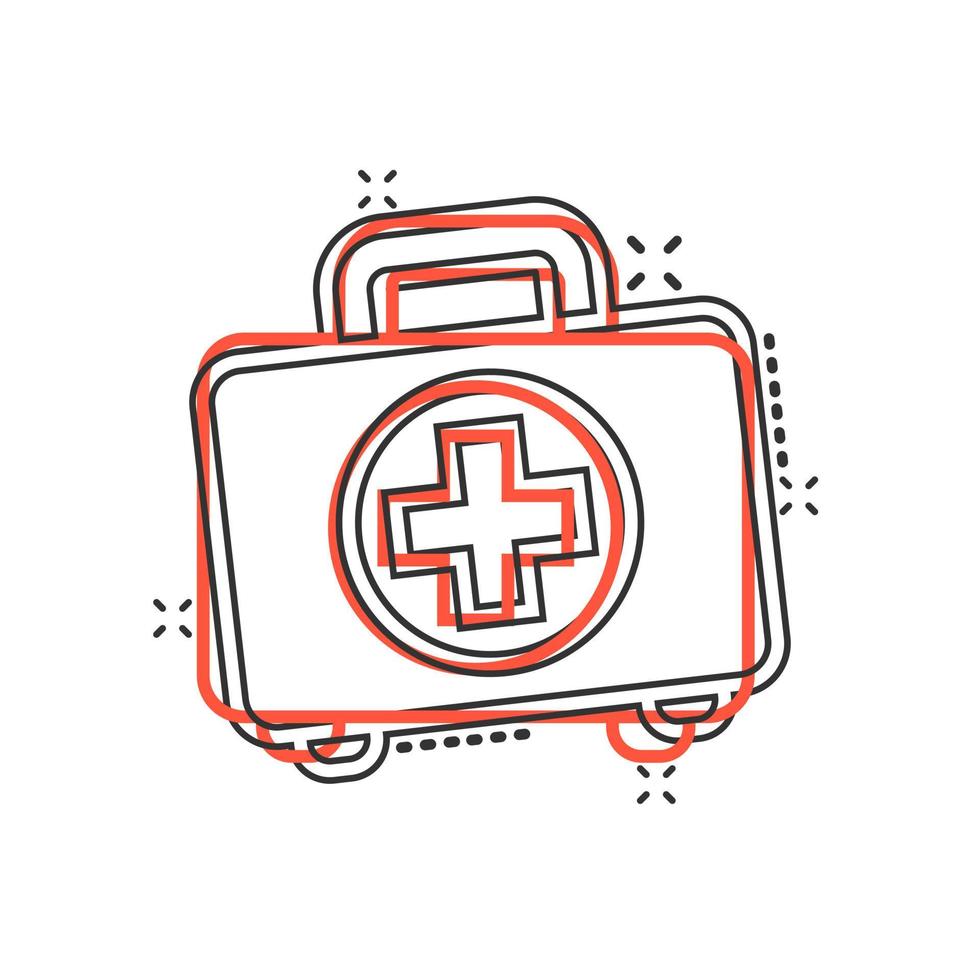 First aid kit icon in comic style. Health, help and medical diagnostics vector cartoon illustration on white isolated background. Doctor bag business concept splash effect.