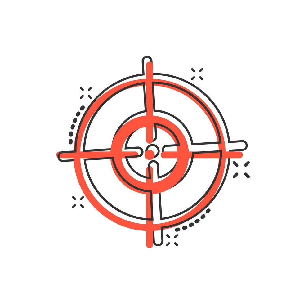 Shooting target vector icon in comic style. Aim sniper symbol cartoon illustration on white background. Target aim business concept splash effect.