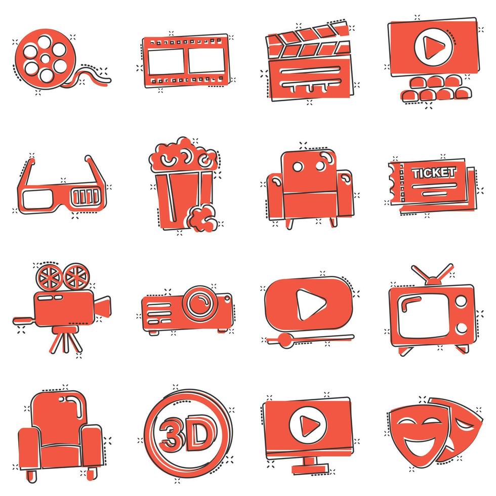 iconos de línea de cine en estilo cómico. ilustración de vector de dibujos animados conjunto de entretenimiento sobre fondo blanco aislado. concepto de negocio de efecto de salpicadura de medios de película.