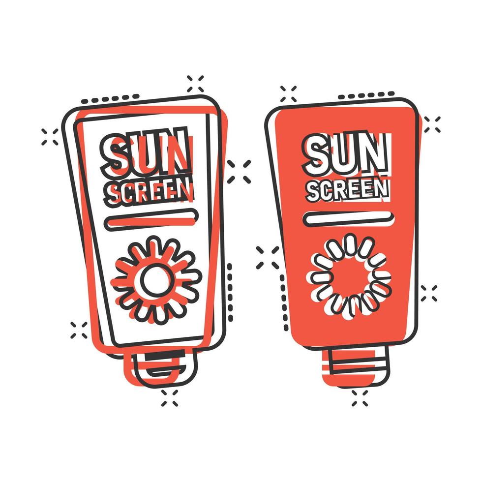 Sun protection icon in comic style. Sunblock cream cartoon vector illustration on white isolated background. Spf care splash effect business concept.