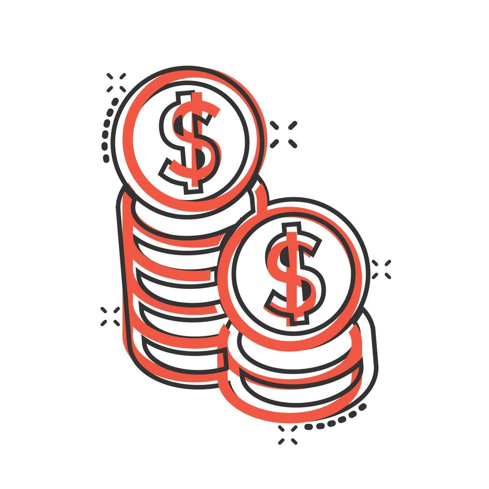 Coins stack icon in comic style. Dollar coin cartoon vector illustration on white isolated background. Money stacked splash effect business concept.