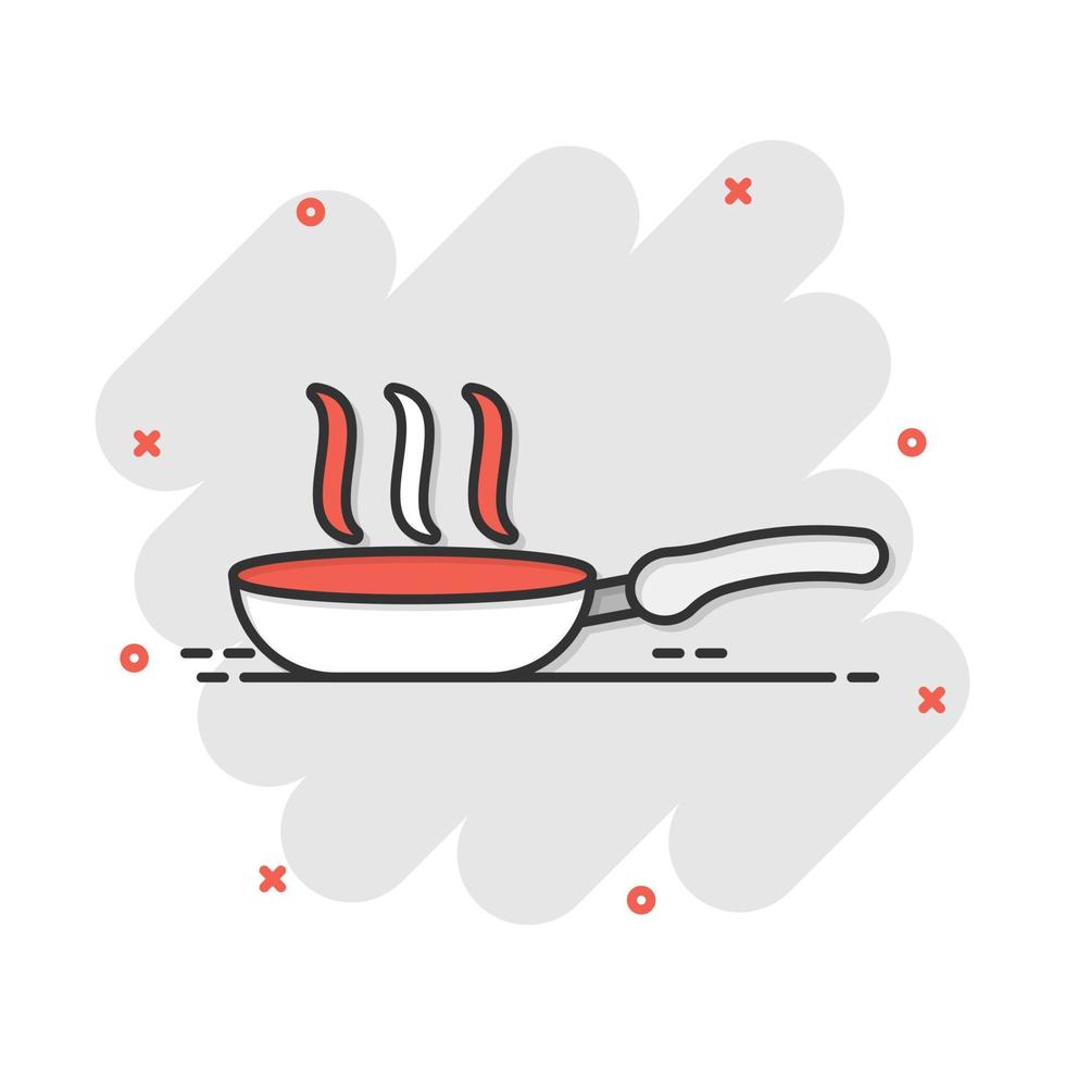 Vector cartoon frying pan icon in comic style. Cooking pan concept illustration pictogram. Skillet kitchen equipment business splash effect concept.