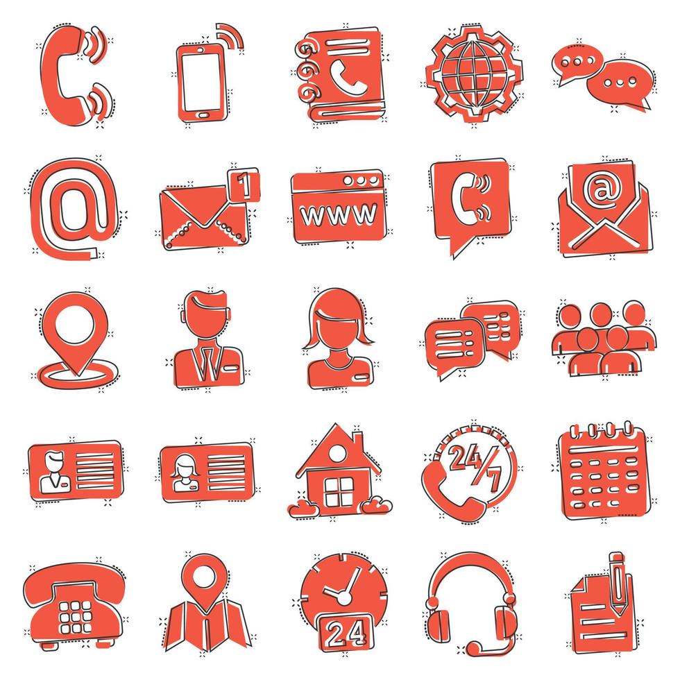Contact icon set in comic style. Phone communication cartoon vector illustration on white isolated background. Website equipment splash effect business concept.