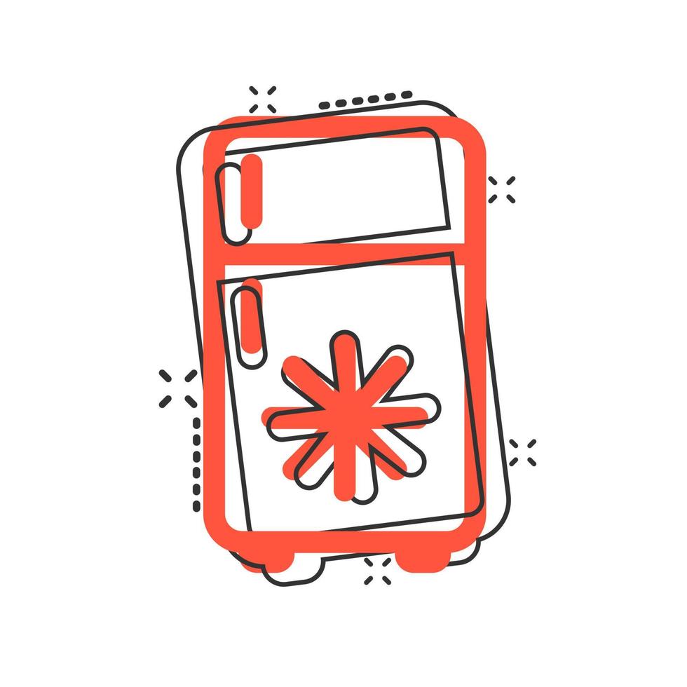 Fridge refrigerator icon in comic style. Freezer container vector cartoon illustration pictogram splash effect.