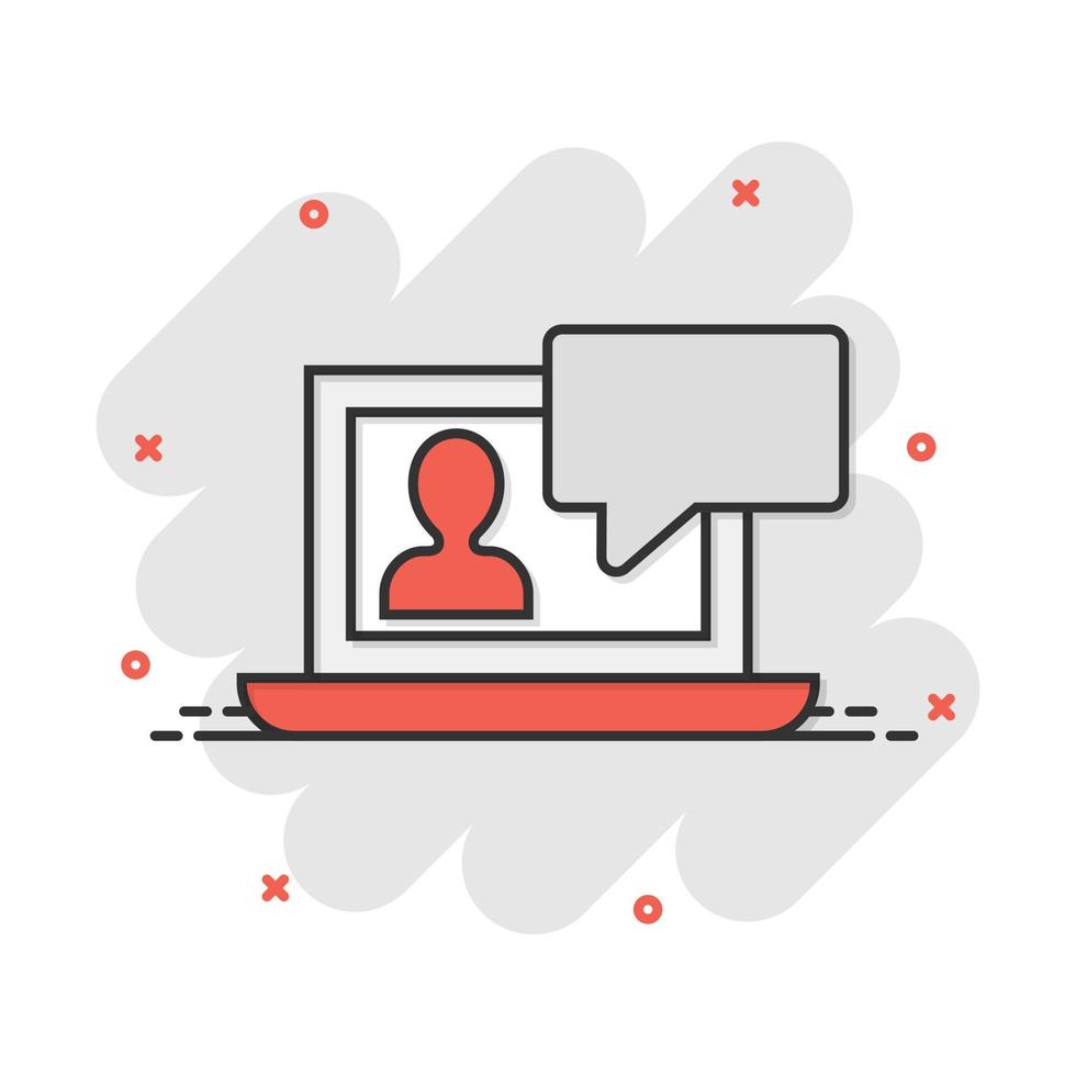 Online training process icon in comic style. Webinar seminar vector cartoon illustration pictogram. E-learning business concept splash effect.
