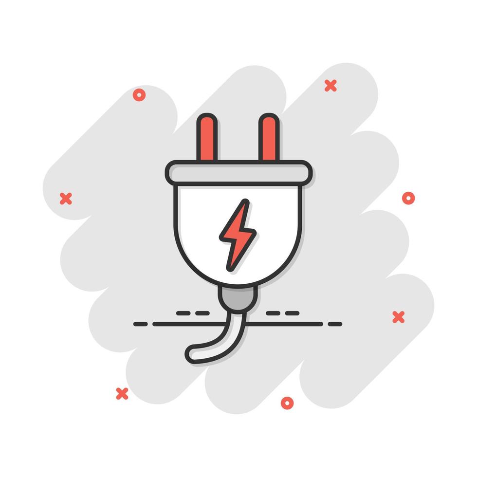 icono de enchufe eléctrico de dibujos animados vectoriales en estilo cómico. pictograma de ilustración de señal de cable de alimentación. concepto de efecto de salpicadura de negocio de alambre. vector