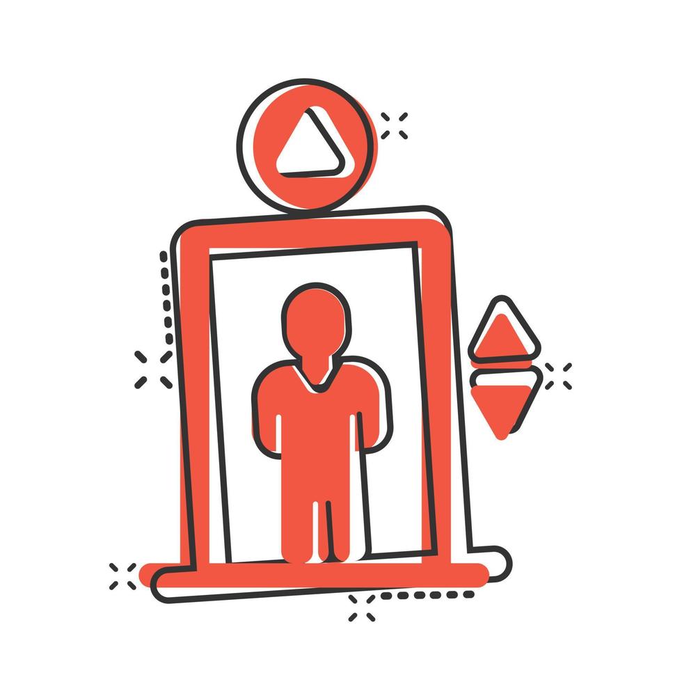 Elevator icon in comic style. Lift cartoon vector illustration on white isolated background. Passenger transportation splash effect business concept.