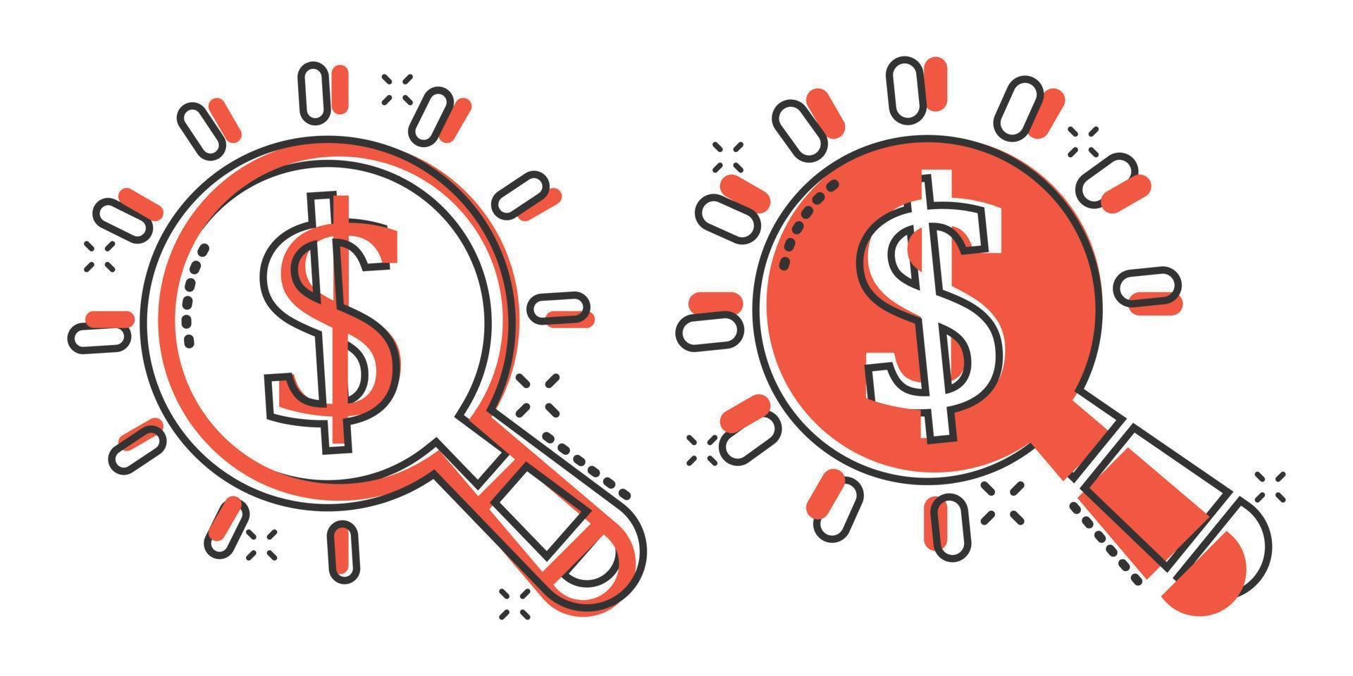 lupa con icono de dinero en estilo cómico. ilustración de vector de dibujos animados de búsqueda de dólar sobre fondo blanco aislado. concepto de negocio de efecto de salpicadura de moneda financiera.