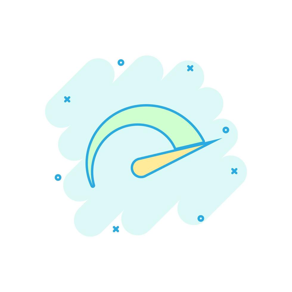 Speedometer level sign icon in comic style. Accelerate vector cartoon illustration on white isolated background. Motion tachometer business concept splash effect.