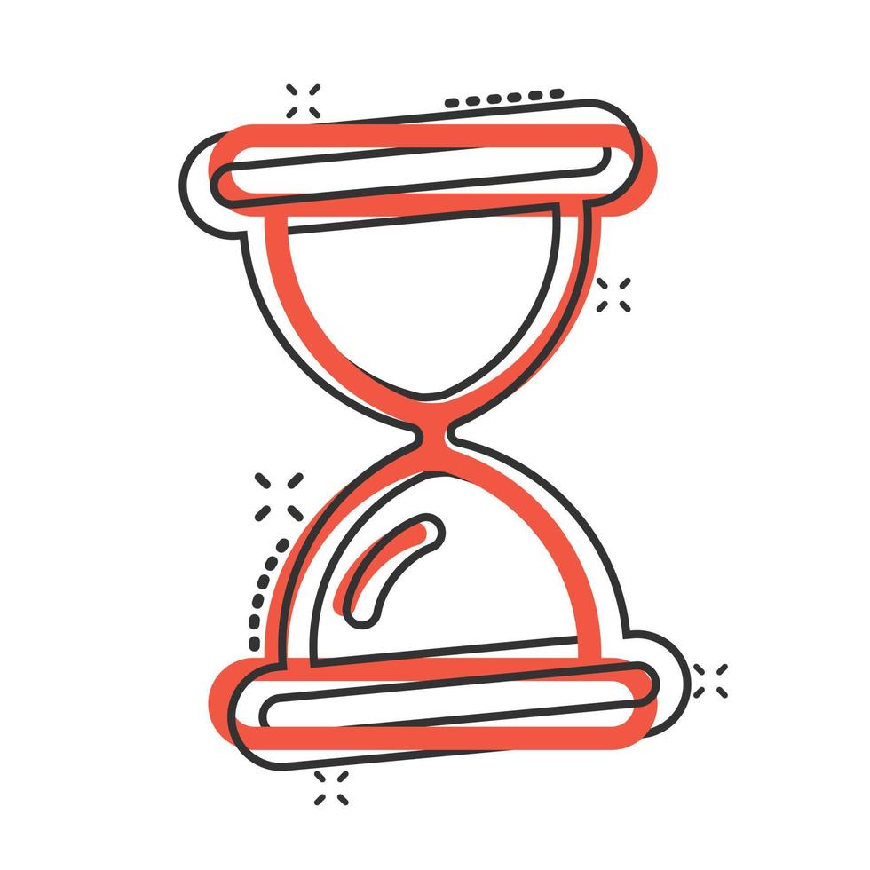 Hourglass icon in comic style. Sandglass cartoon vector illustration on white isolated background. Clock splash effect business concept.