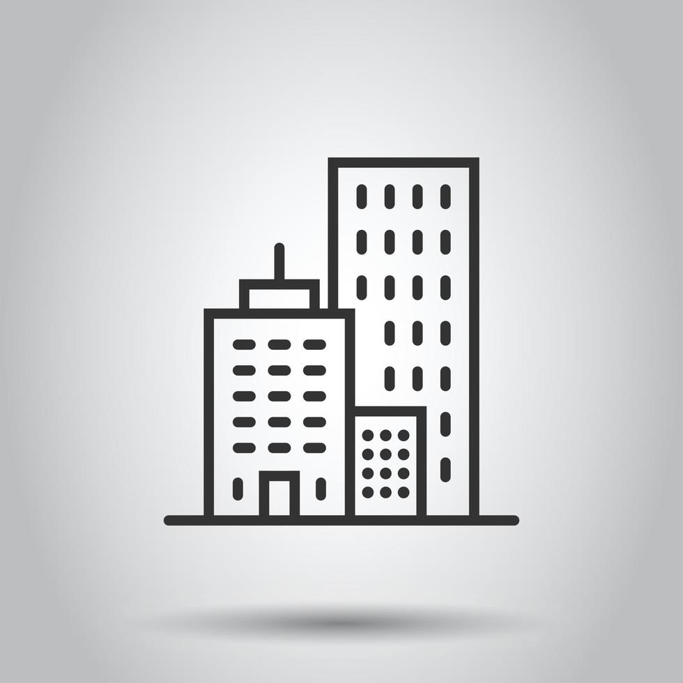 Building icon in flat style. Town skyscraper apartment vector illustration on white isolated background. City tower business concept.