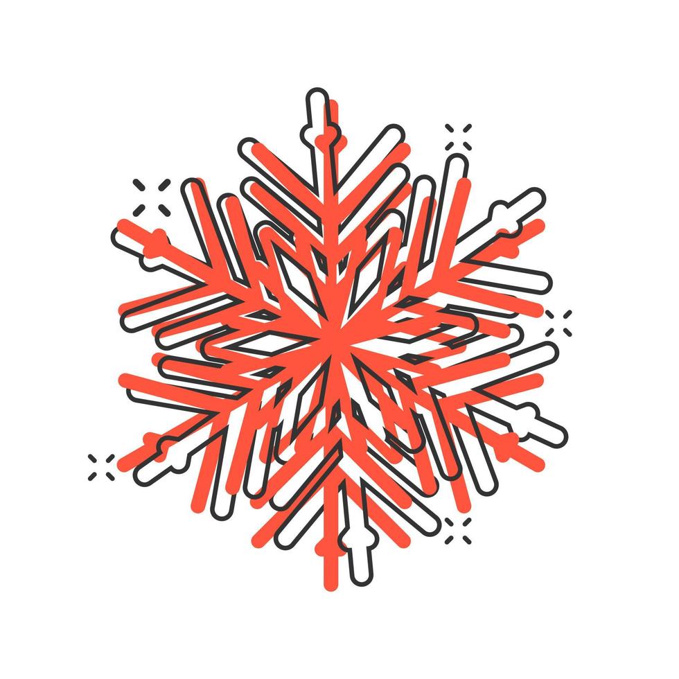 Snowflake icon in comic style. Snow flake winter vector cartoon illustration pictogram. Christmas snowfall ornament business concept splash effect.