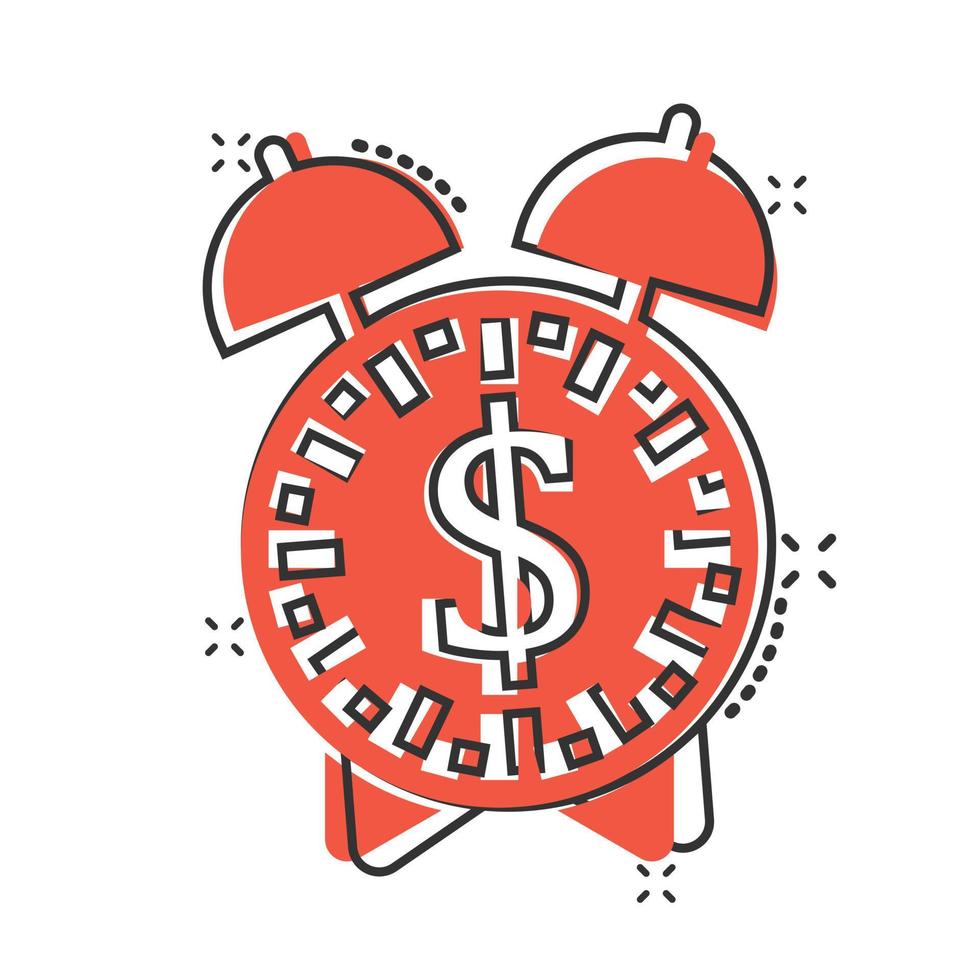 Time is money icon in comic style. Clock with dollar cartoon vector illustration on white isolated background. Currency splash effect business concept.