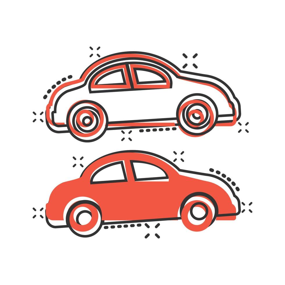 icono de coche en estilo cómico. ilustración de vector de dibujos animados de vehículo de automóvil sobre fondo blanco aislado. concepto de negocio de efecto de salpicadura de sedán.