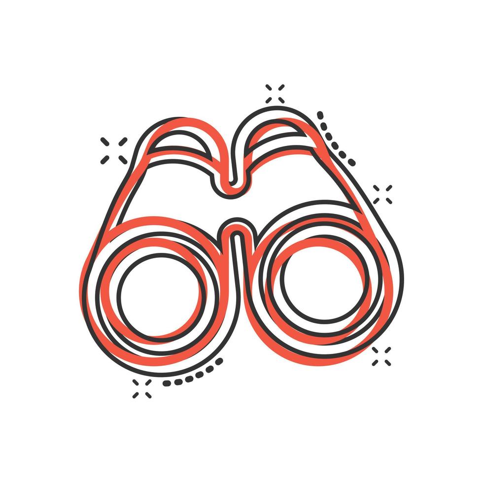 Binocular icon in comic style. Search cartoon vector illustration on white isolated background. Zoom splash effect business concept.