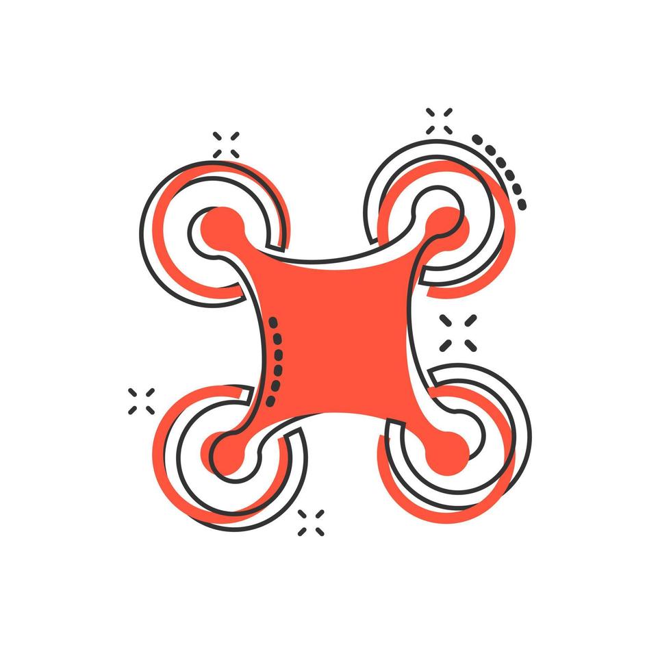 Drone quadrocopter icon in comic style. Quadcopter camera vector cartoon illustration on white isolated background. Helicopter flight business concept splash effect.