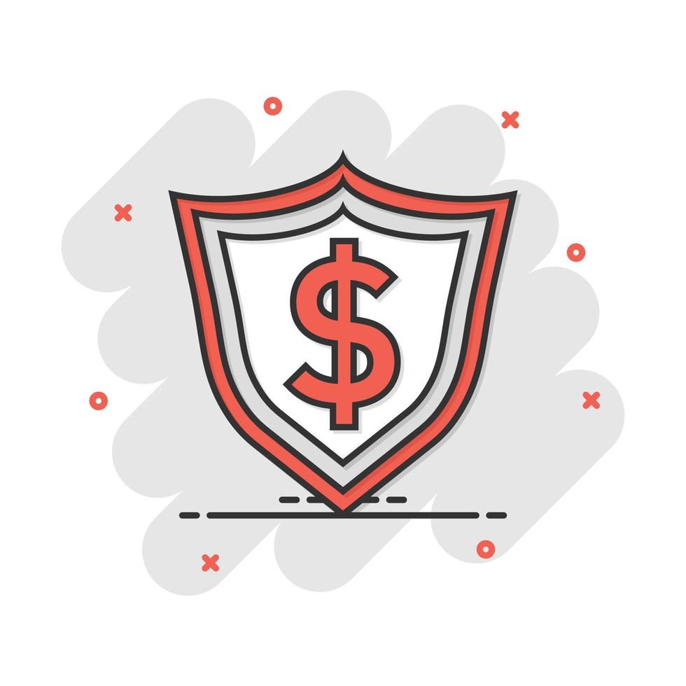 Vector cartoon shield with money icon in comic style. Shield sign illustration pictogram. Dollar business splash effect concept.