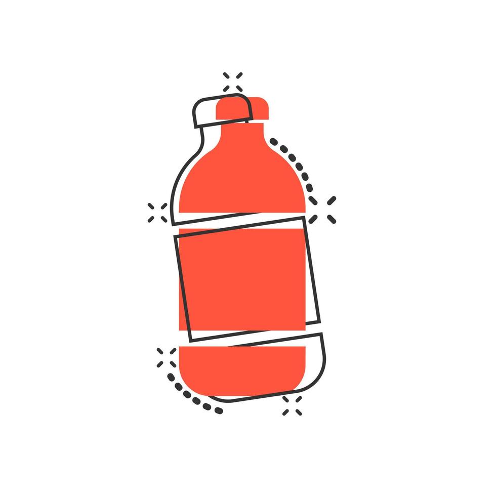 icono de botella de agua en estilo cómico. pictograma de ilustración de dibujos animados de vector de botella de refresco de plástico. efecto de salpicadura del concepto de negocio de agua líquida.