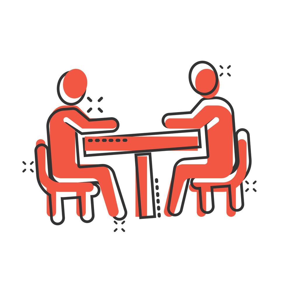 People with table icon in comic style. Teamwork conference cartoon vector