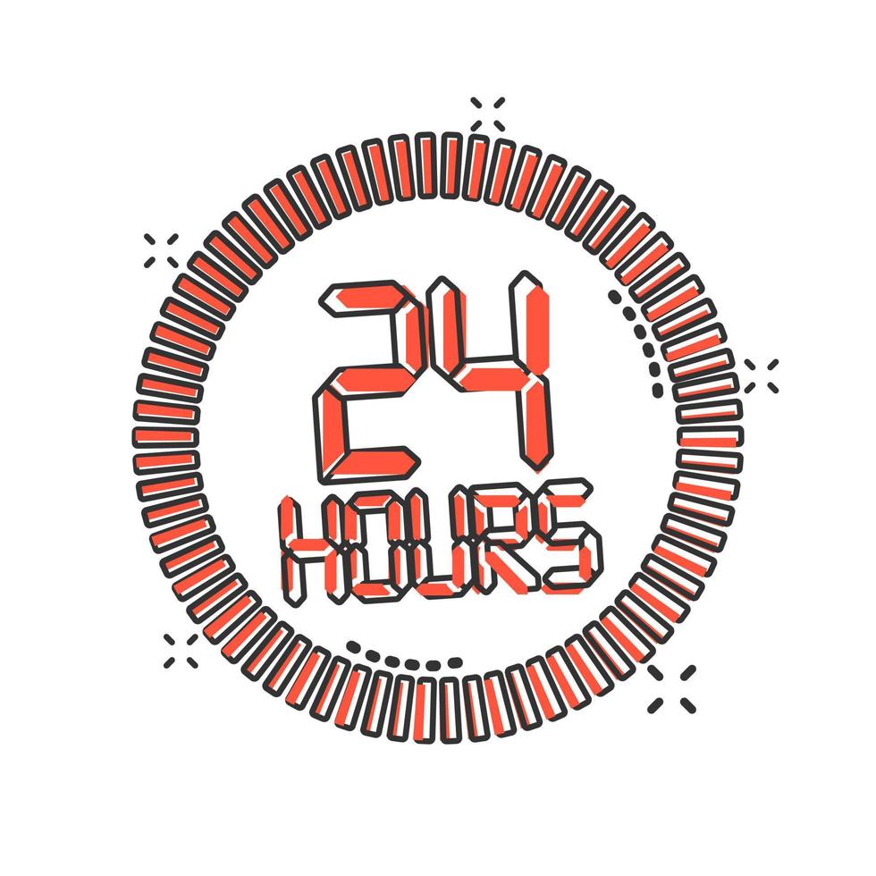 24 hours clock sign icon in comic style. Twenty four hour open vector cartoon illustration on white isolated background. Timetable business concept splash effect.