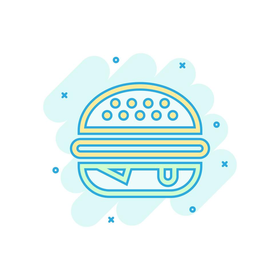 icono de signo de hamburguesa en estilo cómico. ilustración de dibujos animados de vector de hamburguesa sobre fondo blanco aislado. efecto de salpicadura de concepto de negocio de hamburguesa con queso.