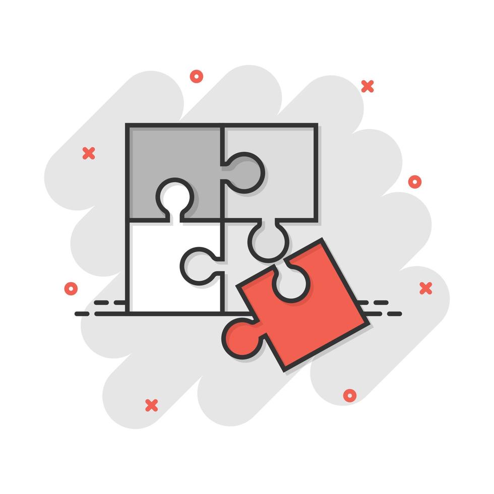 Cartoon puzzle icon in comic style. Jigsaw sign illustration pictogram. Toy game splash business concept. vector