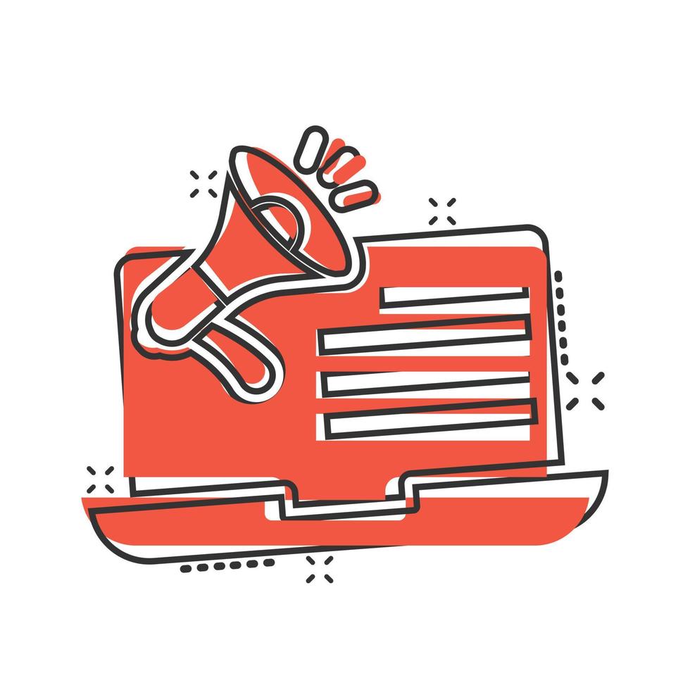 Laptop with megaphone speaker icon in comic style. Notebook bullhorn cartoon vector illustration on white isolated background. Computer subscribe splash effect business concept.