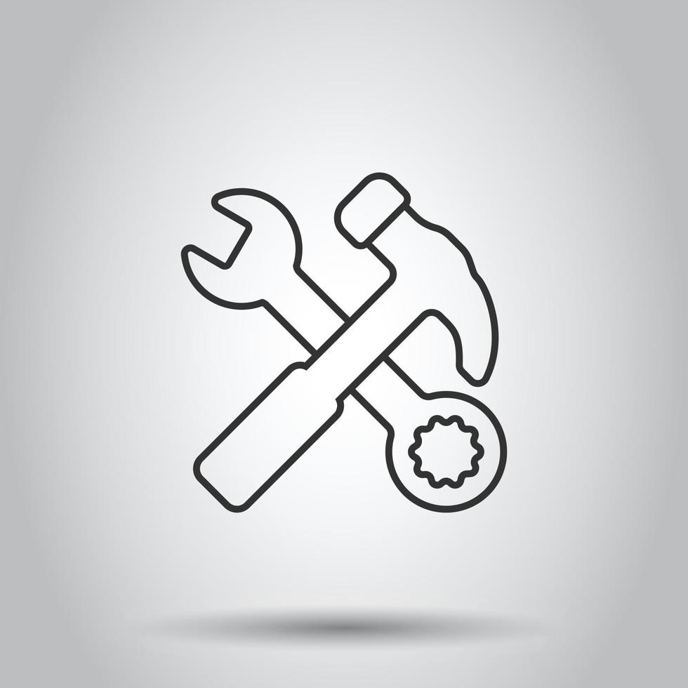 Hammer with wrench icon in flat style. Work instrument vector illustration on white isolated background. Repair equipment business concept.