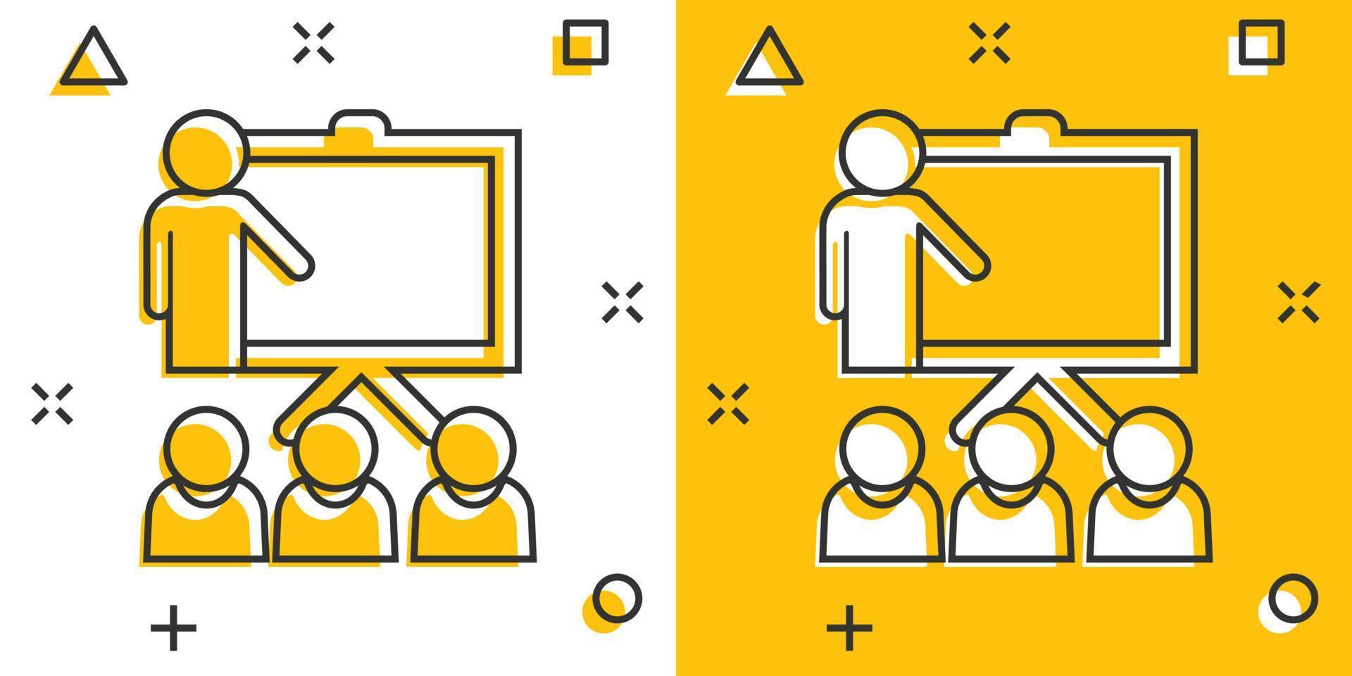 icono de educación de formación en estilo cómico. pictograma de ilustración de dibujos animados de vector de seminario de personas. efecto de salpicadura del concepto de negocio de la lección del aula escolar.