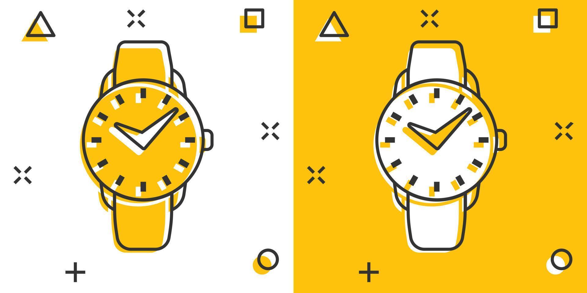 Wrist watch icon in comic style. Hand clock cartoon vector illustration on white isolated background. Time bracelet splash effect business concept.