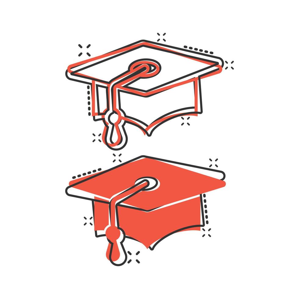 Graduation hat icon in comic style. Student cap cartoon vector illustration on white isolated background. University splash effect business concept.