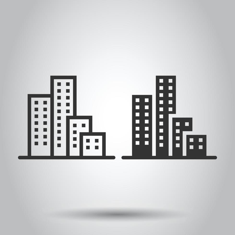 Building icon in flat style. Town skyscraper apartment vector illustration on white isolated background. City tower business concept.