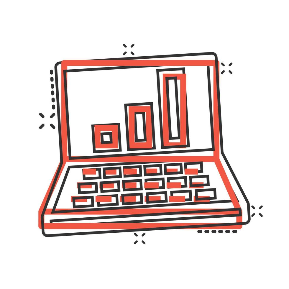 Laptop chart icon in comic style. SEO data cartoon vector illustration on white isolated background. Computer diagram splash effect business concept.