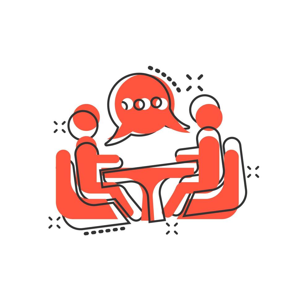 Business consulting icon in comic style. Two people with table vector cartoon illustration on white isolated background. Restaurant dialog business concept splash effect.