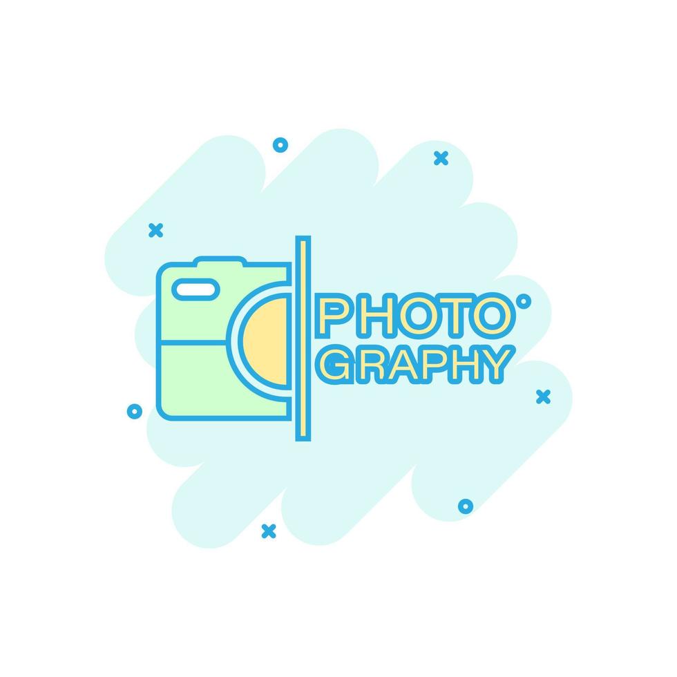 Camera device sign icon in comic style. Photography vector cartoon illustration on white isolated background. Cam equipment business concept splash effect.