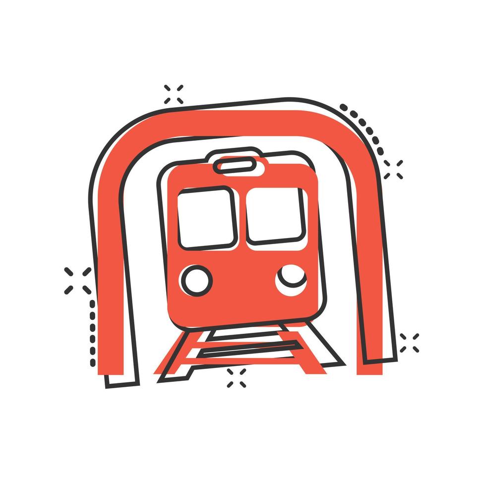 Metro icon in comic style. Train subway cartoon vector illustration on white isolated background. Railroad cargo splash effect business concept.