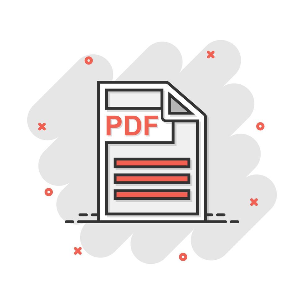 icono de descarga de pdf de dibujos animados vectoriales en estilo cómico. pictograma de ilustración de signo de formato pdf. concepto de efecto de salpicadura de negocio de documento. vector