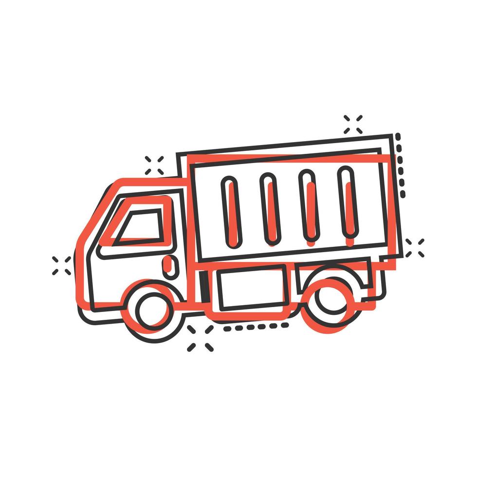 Delivery truck icon in comic style. Van cartoon vector illustration on white isolated background. Cargo car splash effect business concept.