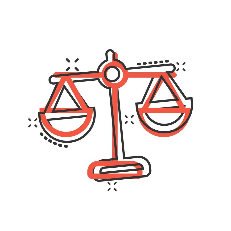 Scale balance icon in comic style. Justice cartoon vector illustration on white isolated background. Judgment splash effect business concept.