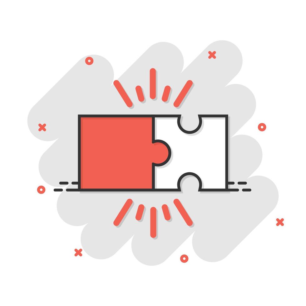 Puzzle compatible icon in comic style. Jigsaw agreement vector cartoon illustration on white isolated background. Cooperation solution business concept splash effect.
