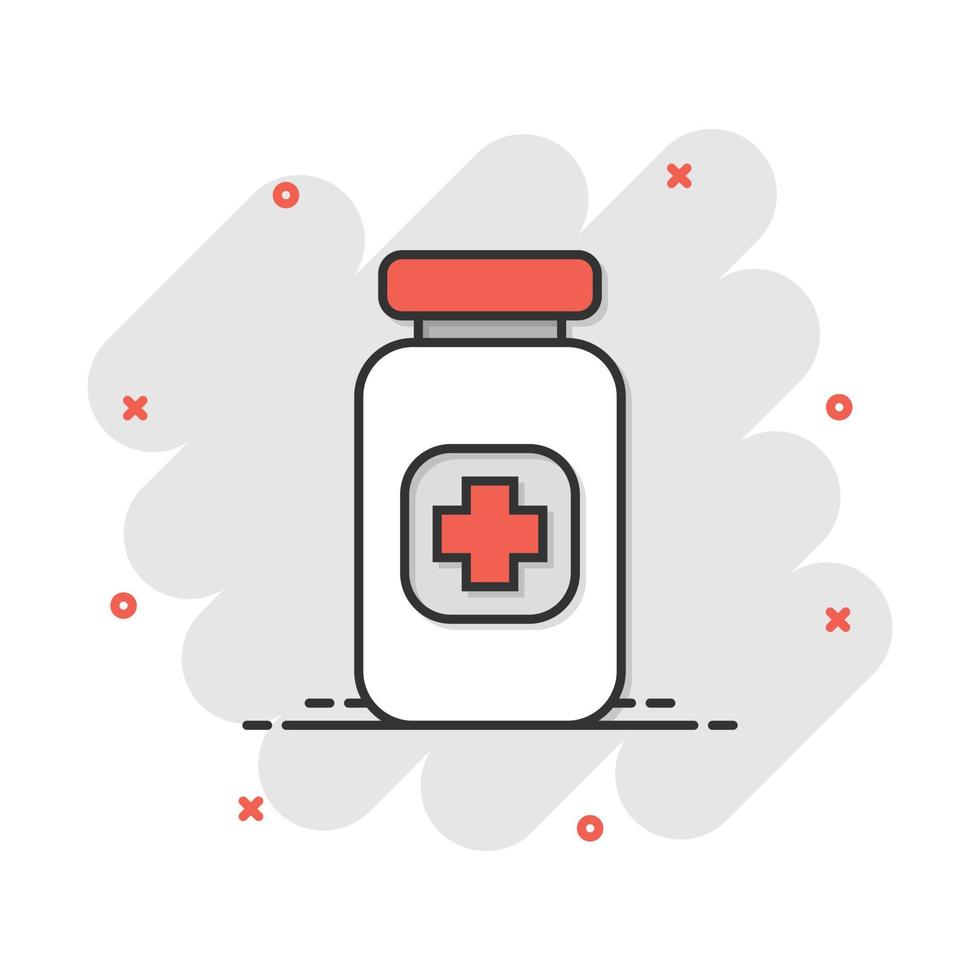 Vector cartoon pill icon in comic style. Tablet concept illustration pictogram. Bottle medical business splash effect concept.