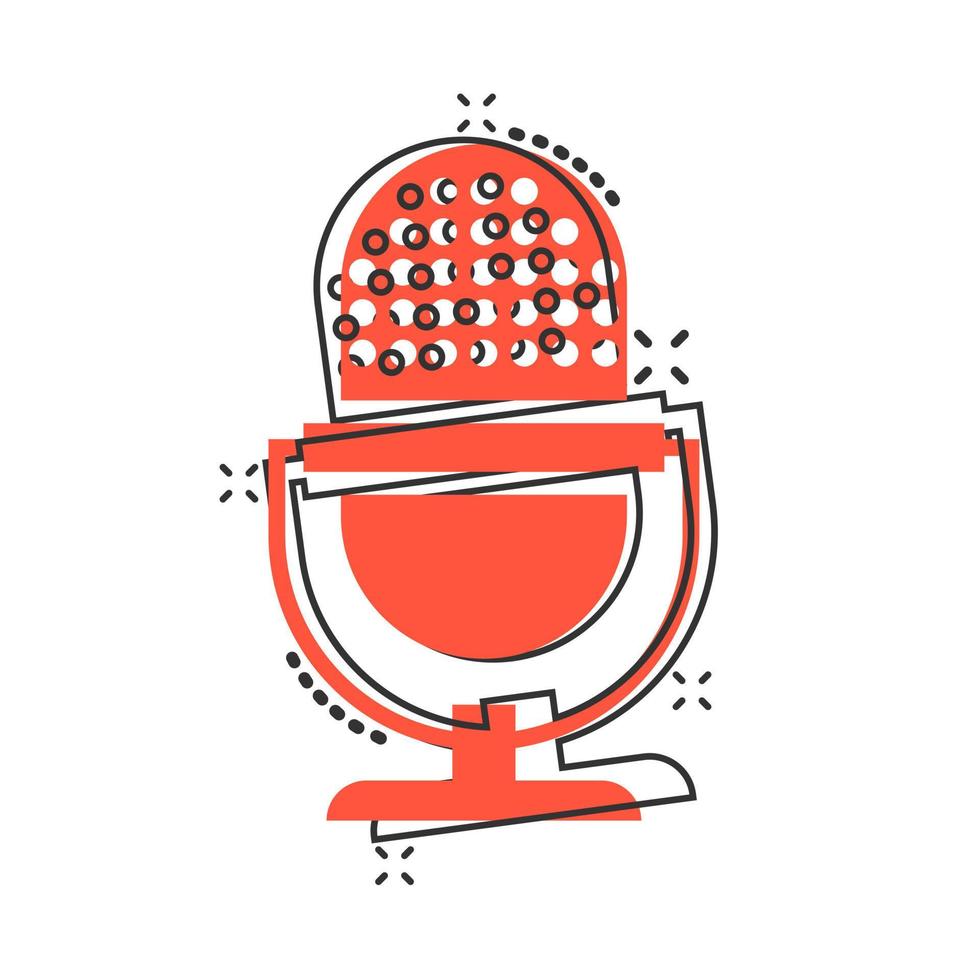 Microphone icon in comic style. Mic broadcast vector cartoon illustration pictogram. Microphone mike speech business concept splash effect.