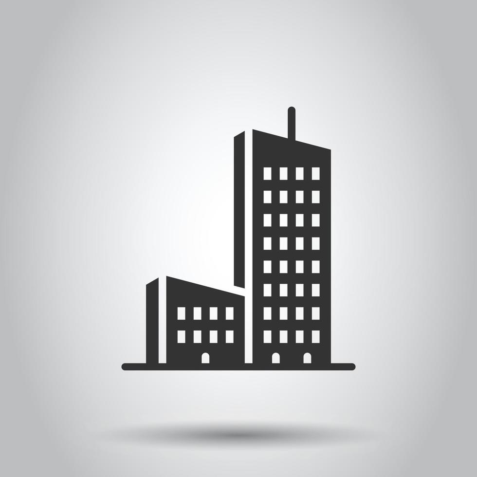 Building icon in flat style. Town skyscraper apartment vector illustration on white isolated background. City tower business concept.