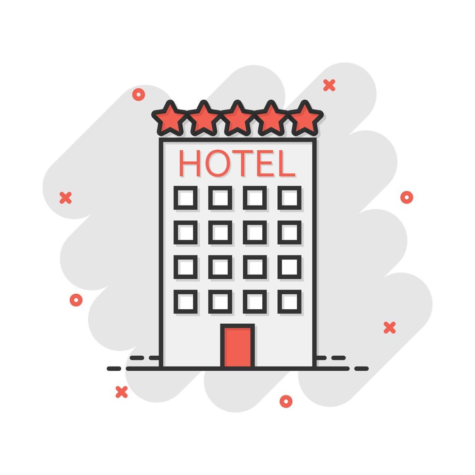 Vector cartoon hotel icon in comic style. Tower sign illustration pictogram. Hotel apartment business splash effect concept.