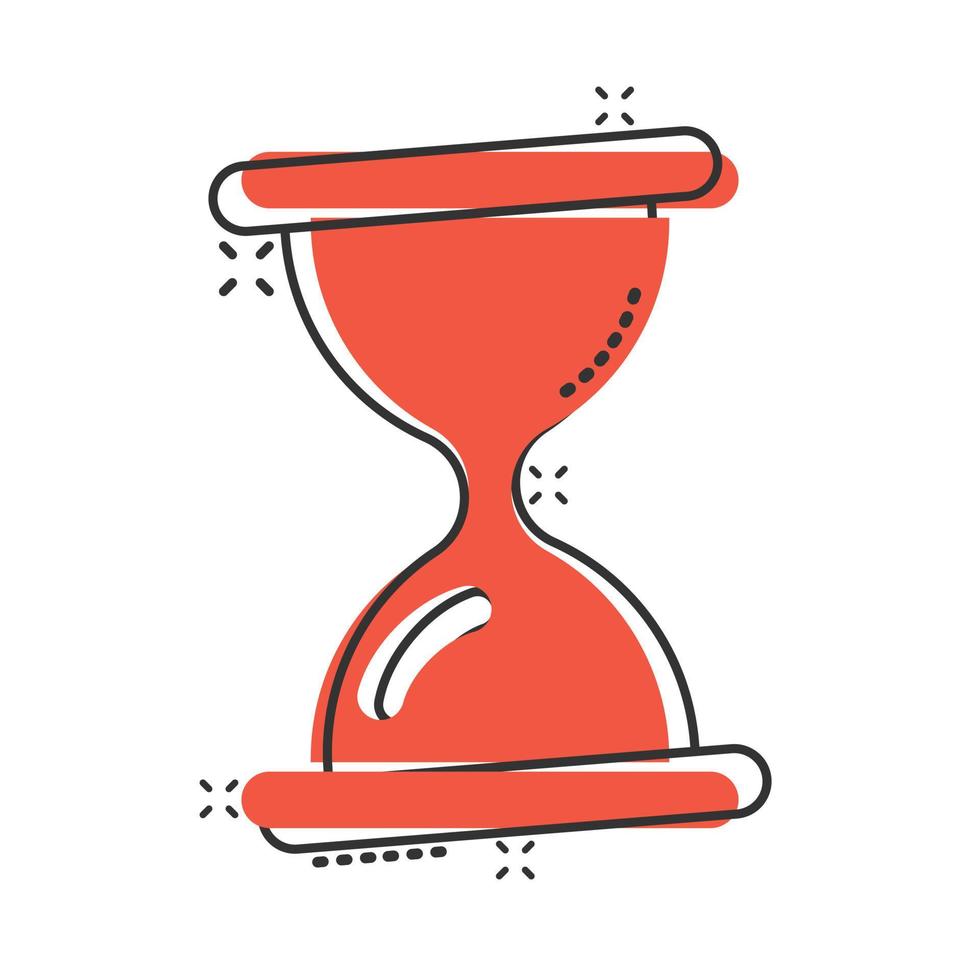 Hourglass icon in comic style. Sandglass cartoon vector illustration on white isolated background. Clock splash effect business concept.