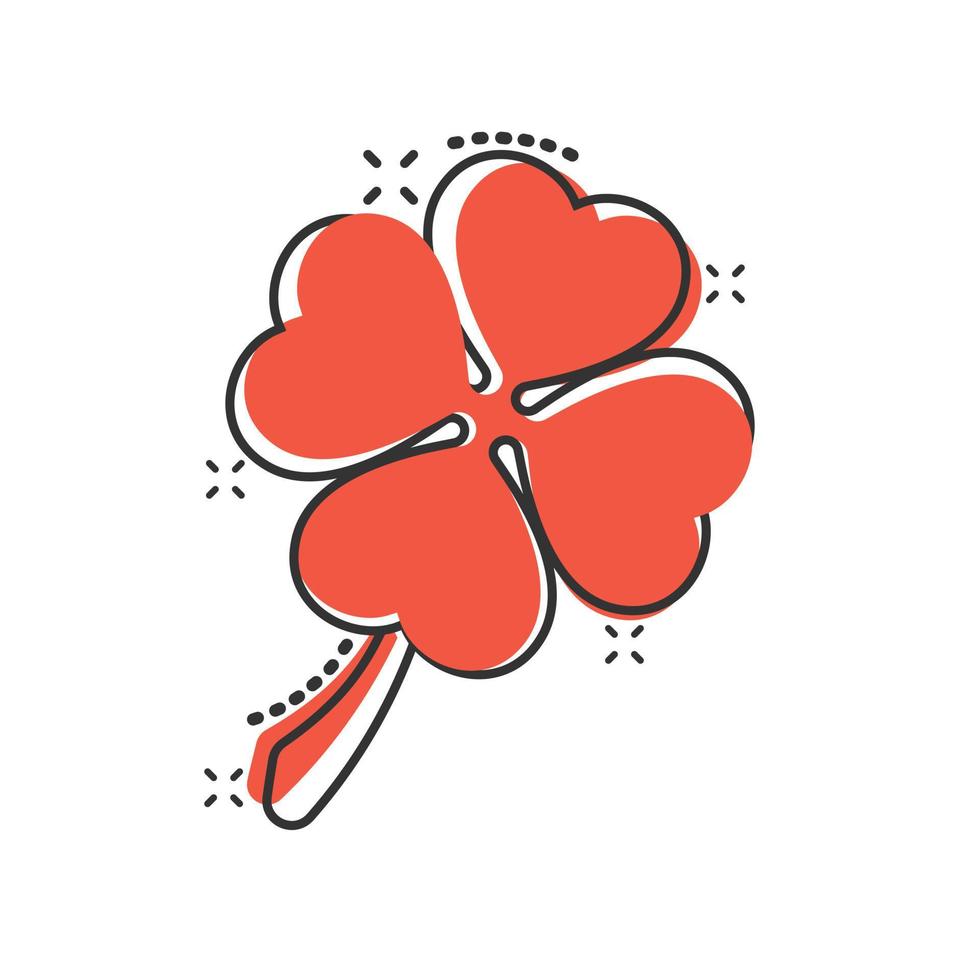 Four leaf clover icon in comic style. St Patricks Day cartoon vector illustration on white isolated background. Flower shape splash effect business concept.