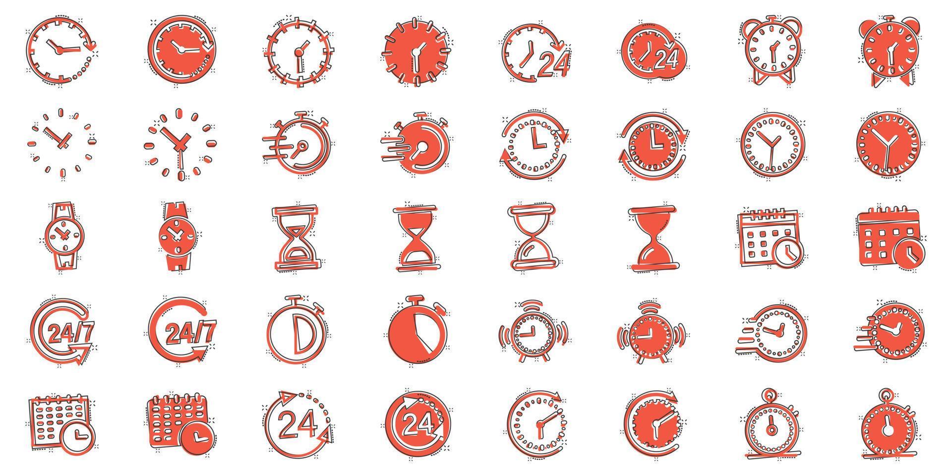 Time icon set in comic style. Agenda clock cartoon vector illustration on white isolated background. Sandglass, wristwatch timer splash effect business concept.